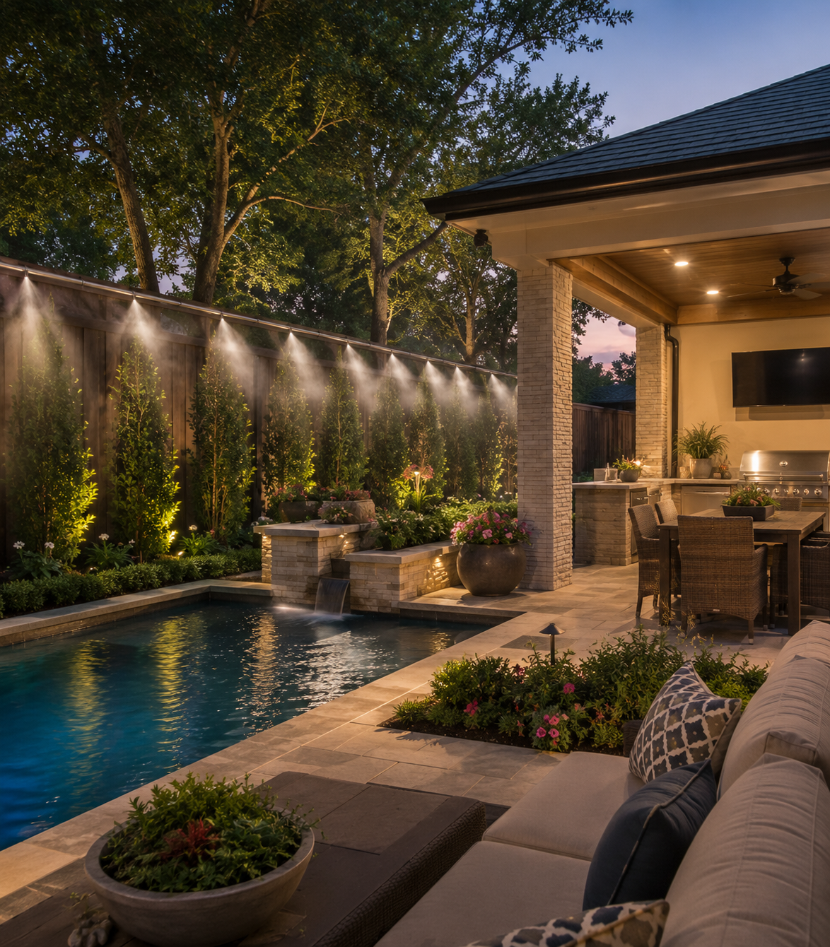 Luxury Houston backyard with a pool, covered patio, landscaping, and discreet mosquito misting system