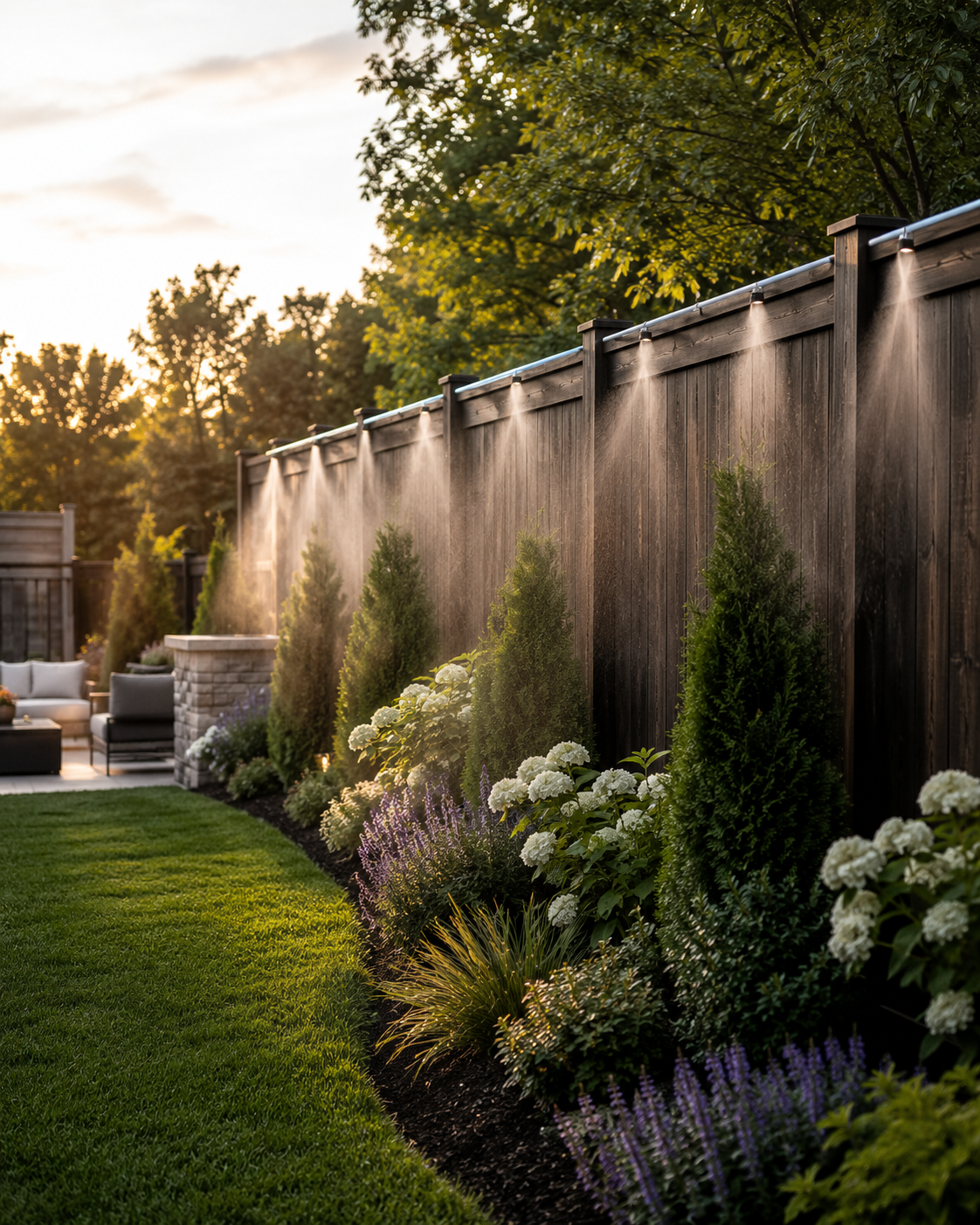 Discreet mosquito misting nozzles installed along a luxury backyard fence line