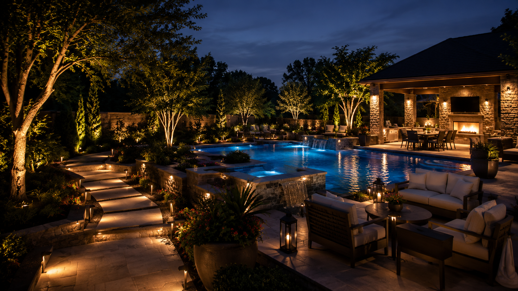 Luxury backyard at night with warm landscape lighting, illuminated trees, and glowing outdoor living areas