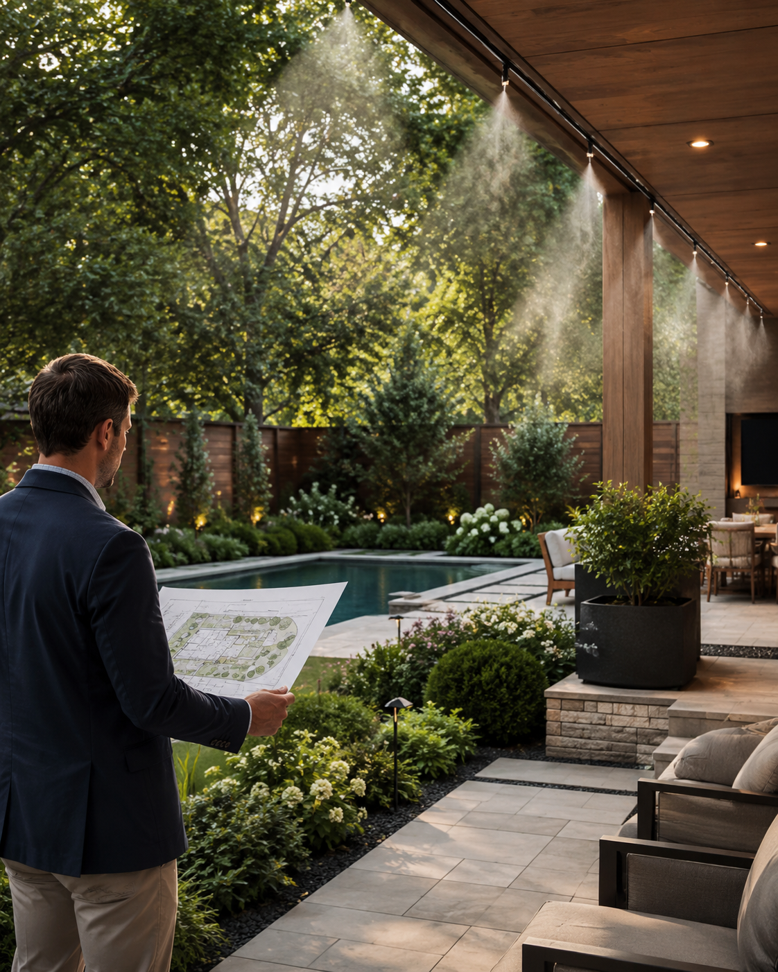 Landscape designer planning a mosquito misting system for a luxury Houston backyard