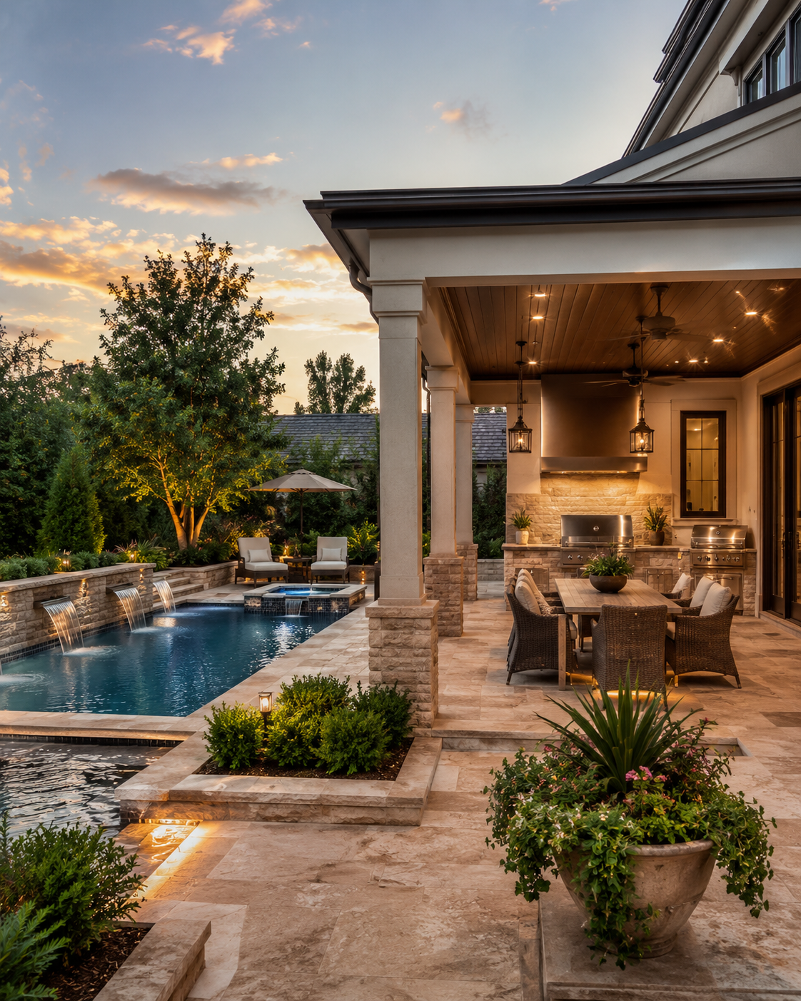 Luxury Houston backyard with covered patio, swimming pool, landscaping, and outdoor kitchen