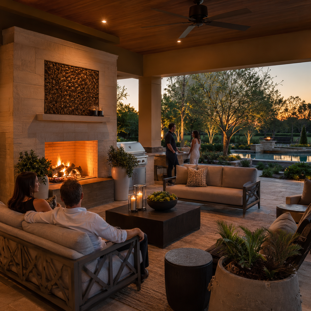 Luxury covered outdoor living room with comfortable seating, fireplace, and landscape views