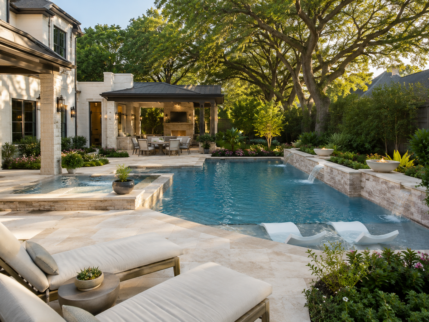 Resort-style Houston pool and spa integrated with lush landscaping and outdoor lounge areas