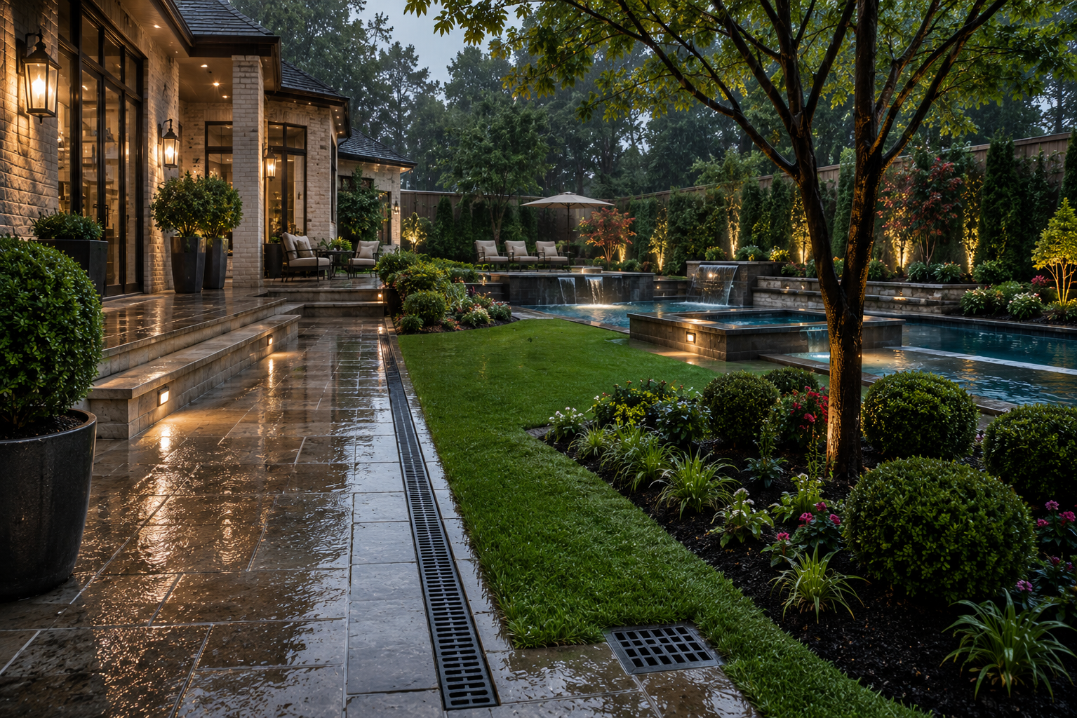 Luxury Houston backyard landscape with professional drainage