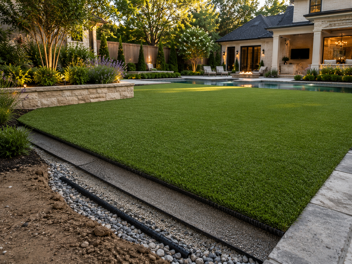 Artificial turf drainage installation in a luxury Houston backyard