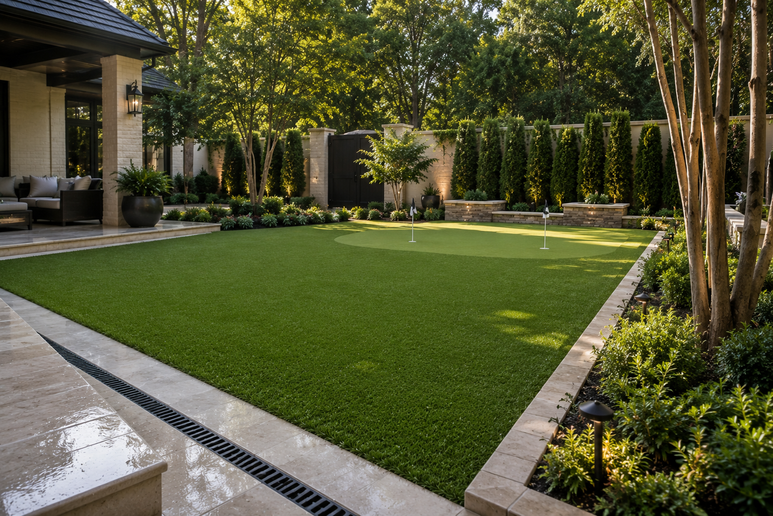 Luxury Houston landscaping with mature trees and healthy well drained planting beds