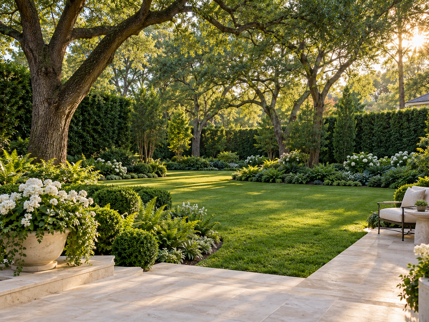 Luxury backyard with mature trees, lush privacy hedges, and layered planting beds around an outdoor terrace
