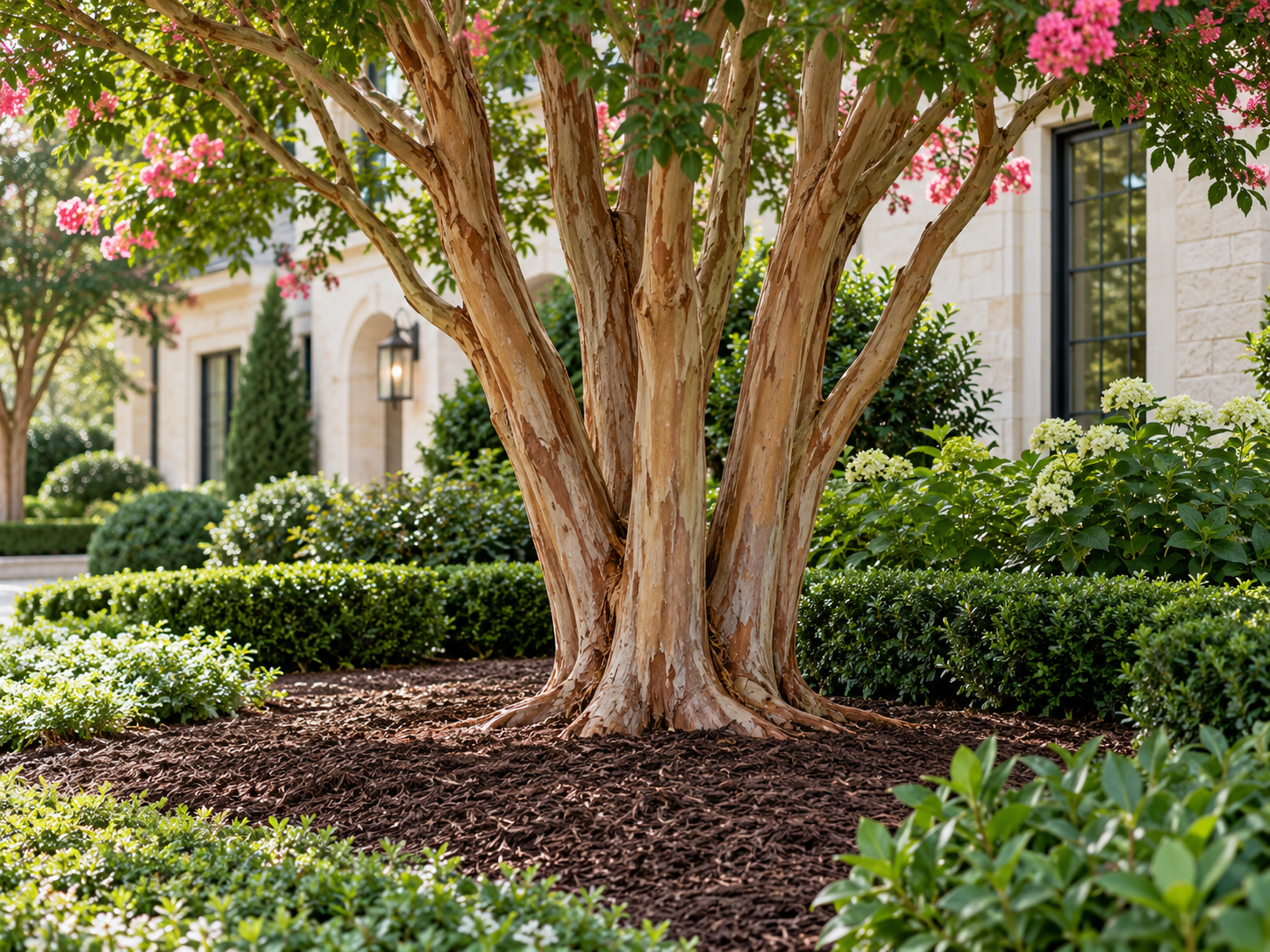 Mature ornamental tree surrounded by carefully maintained planting beds at a luxury home